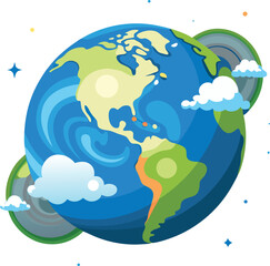 Naklejka premium Stylized earth with continents clouds and celestial elements