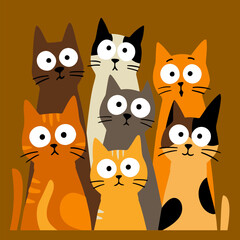Obraz premium 3D Shadow Box, 11 layers, group of surprised cartoon cats with big round eyes
