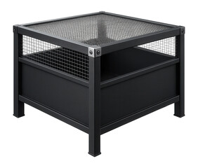 Steel-framed bunker with a mesh roof for secure storage of scrap metal in a recycling plant.