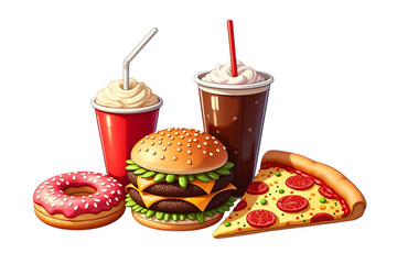 Delicious Fast Food Burgers, Pizza, Drinks, and Donuts