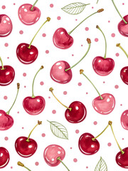 Watercolor Seamless Repeating pattern of vibrant red cherries with green stems and pink polka dots Background for Notebook Cover Textile Clothes Print.