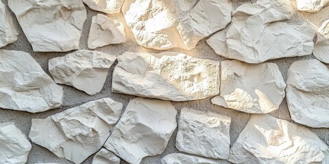 Close-up of white stone wall with textured surface and warm sunlight highlights