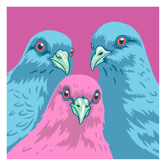 3D Shadow Box, 11 layers, colorful pop art pigeons in vibrant palette, modern design template