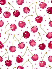 Watercolor Seamless Repeating pattern of vibrant red cherries with green stems and pink polka dots Background for Notebook Cover Textile Clothes Print.