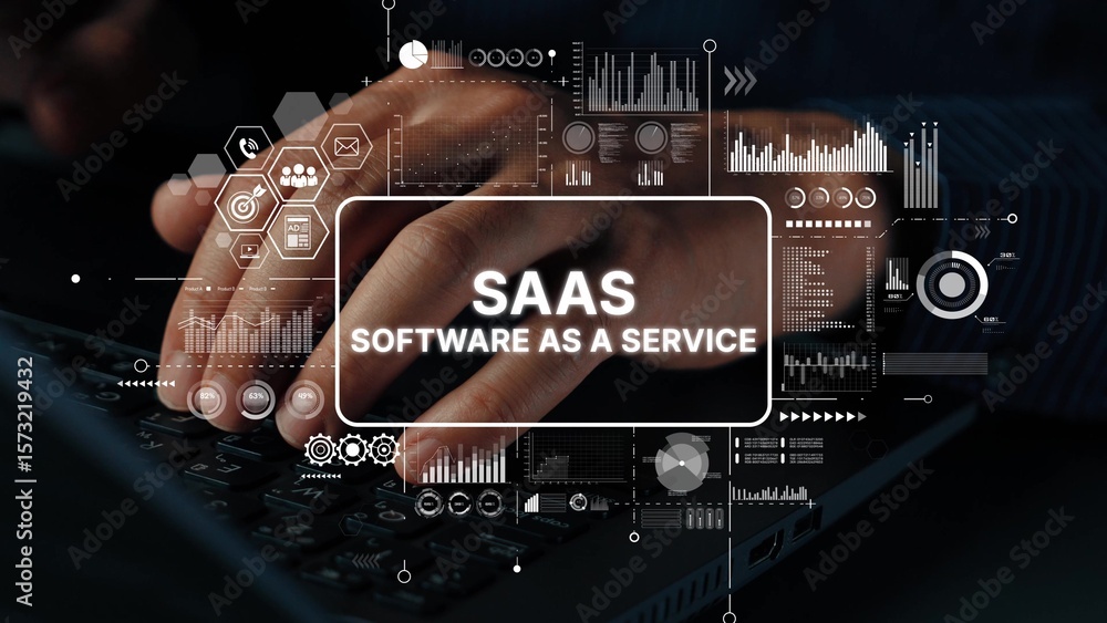 Poster hands typing on keyboard with graphical interface representing software as a service concept in digi