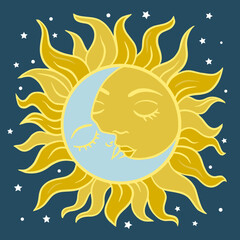 Naklejka premium 3D Shadow Box, 7 layers, sun and moon kiss celestial vector illustration