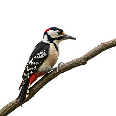 Obraz premium A curious woodpecker tapping a branch, white background