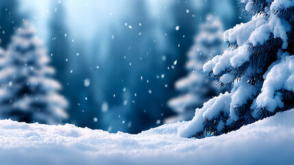 Winter wonderland with snowfall, snow-covered trees and icy atmosphere, cold winter scene