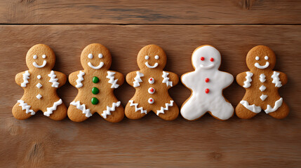 Christmas gingerbread men cookies on wooden surface, cheerful holiday treats, top view