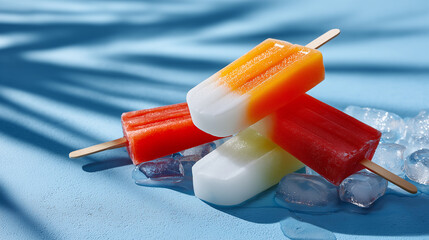 Delicious popsicles on ice, refreshing summer treats on blue background 