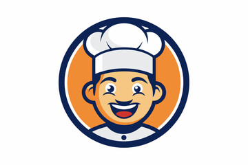 Cheerful chef character with white hat and orange background cooking food