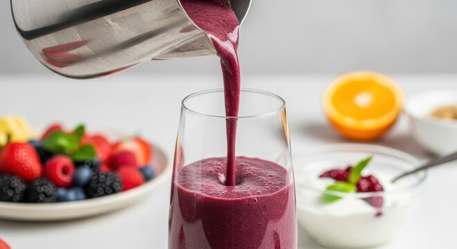 Pouring a delicious mixed berry smoothie into a glass with a yogurt bowl and fruits for a refreshing and healthy drink - Powered by Adobe