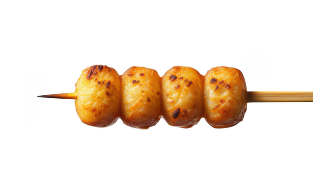 Four grilled cheese balls on a wooden skewer against food