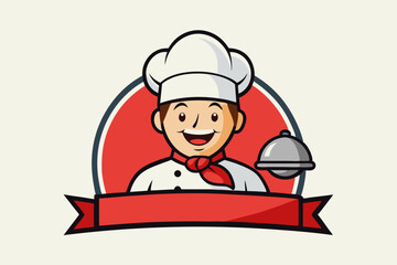 Cheerful chef with cloche and red ribbon cooking food