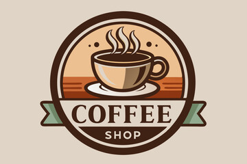 Retro coffee cup logo with steam hot beverage cafe
