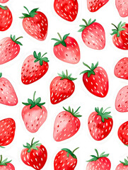 Watercolor Seamless Repeating pattern of vibrant strawberries with check and polka dots Background for Notebook Cover Textile Clothes Print.
