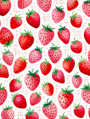 Watercolor Seamless Repeating pattern of vibrant strawberries with check and polka dots Background for Notebook Cover Textile Clothes Print.