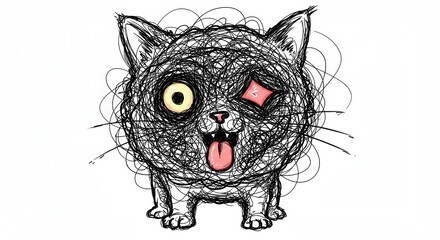 Cartoonish, tangled cat with one eye, a die, and a silly expression