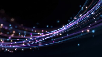 Abstract light waves with glowing colorful streams and particles on a dark background. Digital motion with blue, purple gradients and luminous effects.