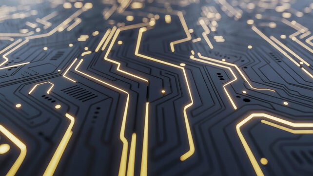 Glowing golden circuit board traces on a dark futuristic surface