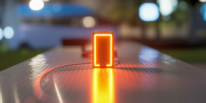 Glowing orange neon light object on a textured surface at night