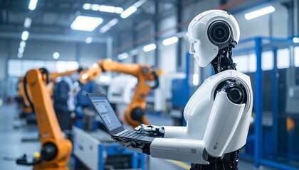 Robot working on laptop in factory (1)
