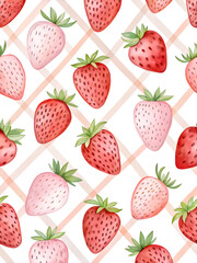 Watercolor Seamless Repeating pattern of vibrant strawberries with check and polka dots Background for Notebook Cover Textile Clothes Print.