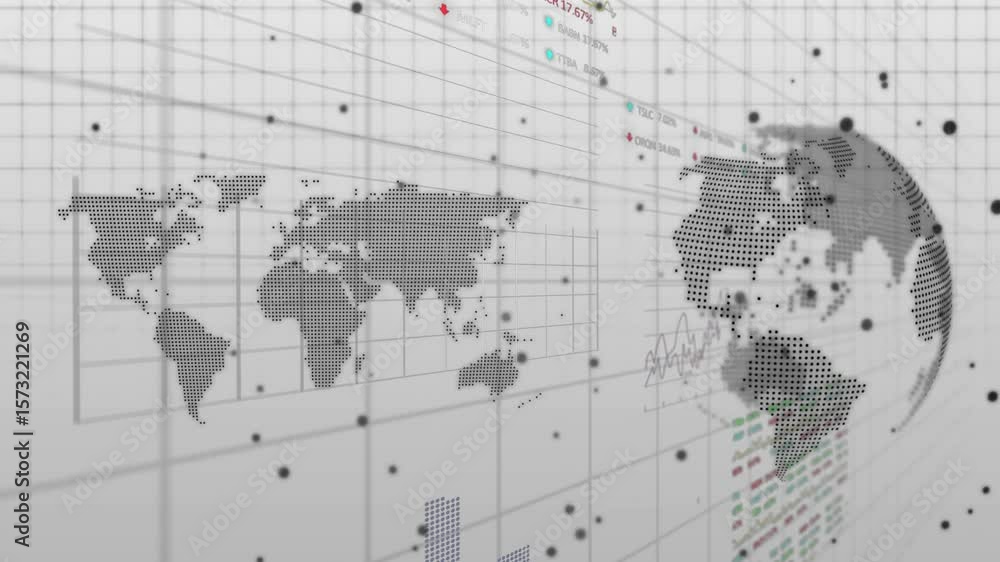 Poster on start dotted globe rotating revealing data nodes, charts drawing illustrating global patterns
