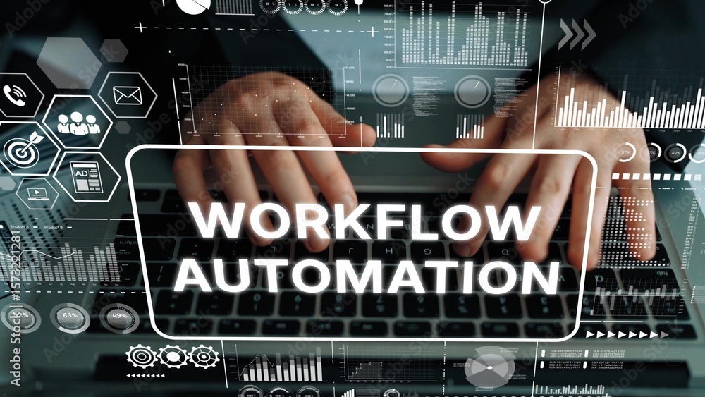 Aufkleber hands typing on laptop keyboard with digital workflow automation graphics for business efficiency. a
