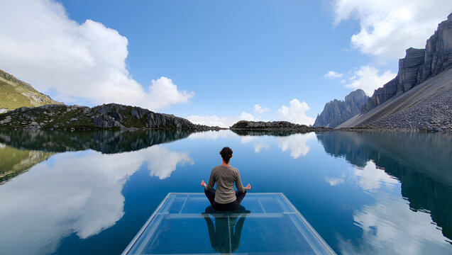young man doing yoga on the lake with mountain
