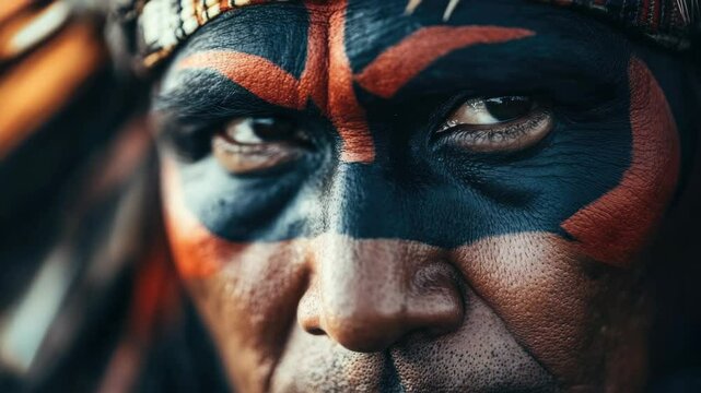 Native American man in traditional dress, painted red and black for ceremonial war paint.