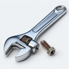 Chrome Adjustable Wrench and Copper Bolt with Nut on White Background Closeup Detailed View of Metal Tool and Fastener