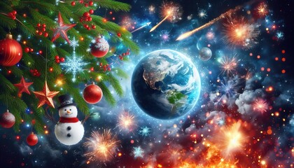 Christmas miracle in space: Earth surrounded by festive fireworks, falling stars, and a decorated Christmas tree with a snowman, creating a unique atmosphere of New Year's dreams 