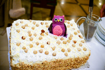 A birthday cake decorated with small and large hazelnuts and a figure in the shape of a purple owl is on the table waiting to be served
