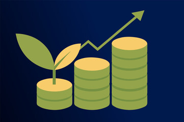 Stylized illustration of stacked gold coins with an upward trending arrow indicating financial growth and positive economic performance