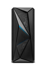 A sleek black gaming computer case with angular geometric front panel and mesh ventilation isolated...