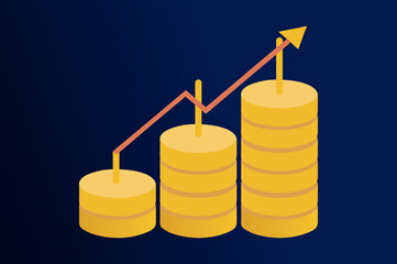 Stylized illustration of stacked gold coins with an upward trending arrow indicating financial growth and positive economic performance
