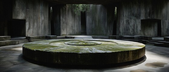 Brutalist Podium surrounded by rain-channeling monoliths. Copy Space. Generative AI
