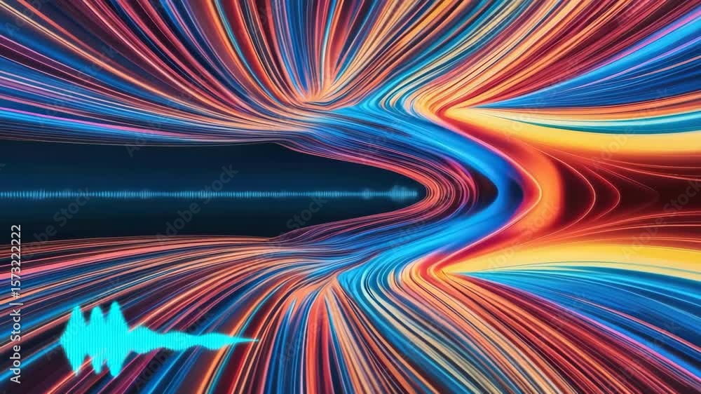 Poster abstract colorful light trails with waveform, data stream, technology background.