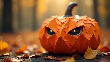 Orange Halloween pumpkin made from velvet orange origami paper. Autumn forest background with leaves.