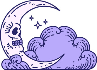 tattoo in traditional style of a skull crescent moon and clouds in bright neon color