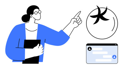 Woman points at Pisces zodiac sign while holding a folder next to a chat window. Ideal for astrology, education, communication, personal growth, digital consulting, collaborative learning, simple