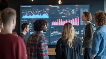 analysts in smart-casual attire gathered around large screen showing quarterly performance charts