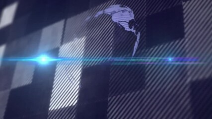 Blue lens flare sweeping center initiating squares lighting up and forming spinning wireframe globe - Powered by Adobe