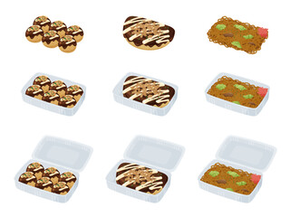 パックに入ったお祭りのたこ焼きとお好み焼きと焼きそばのイラスト素材セット