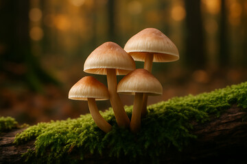 Cluster of mushrooms on mossy log in autumn forest with soft light