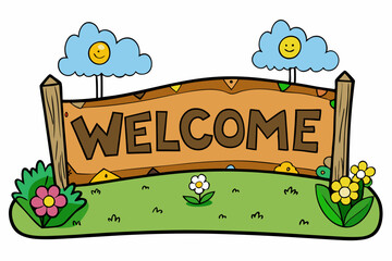 Cheerful welcome sign with smiling clouds and flowers cartoon