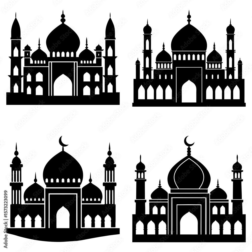 Poster four silhouette illustrations of mosques with domes and minarets in a vector format design element