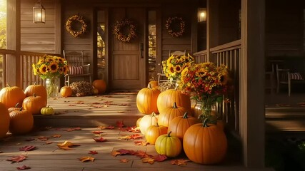 Autumn Porch Pumpkins with Sunflowers, and Fall Decor. - Powered by Adobe