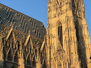 Tiled roof and tower of St. Stephen's Cathedral in Vienna, historic Gothic church detail at sunset...